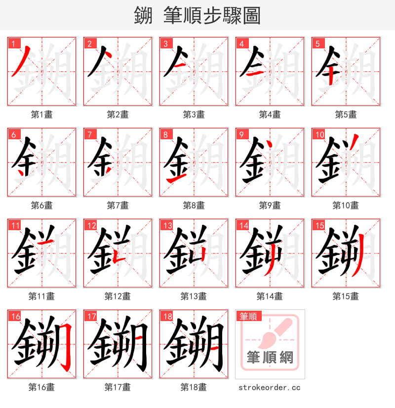 鎙 的笔顺分步演示（一笔一画写字）