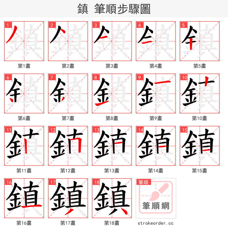鎮 的笔顺分步演示（一笔一画写字）
