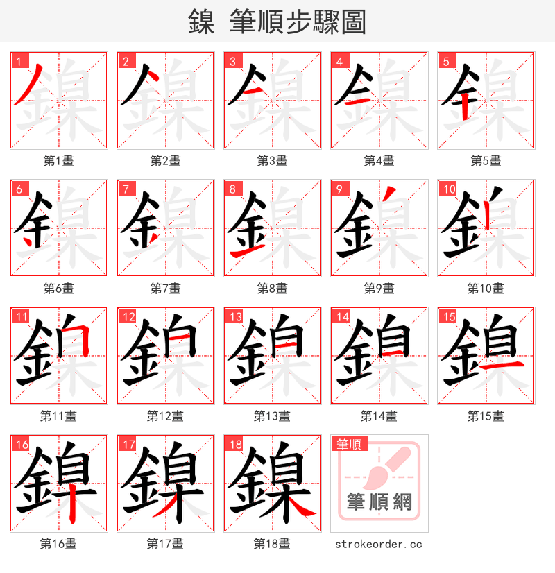 鎳 的笔顺分步演示（一笔一画写字）