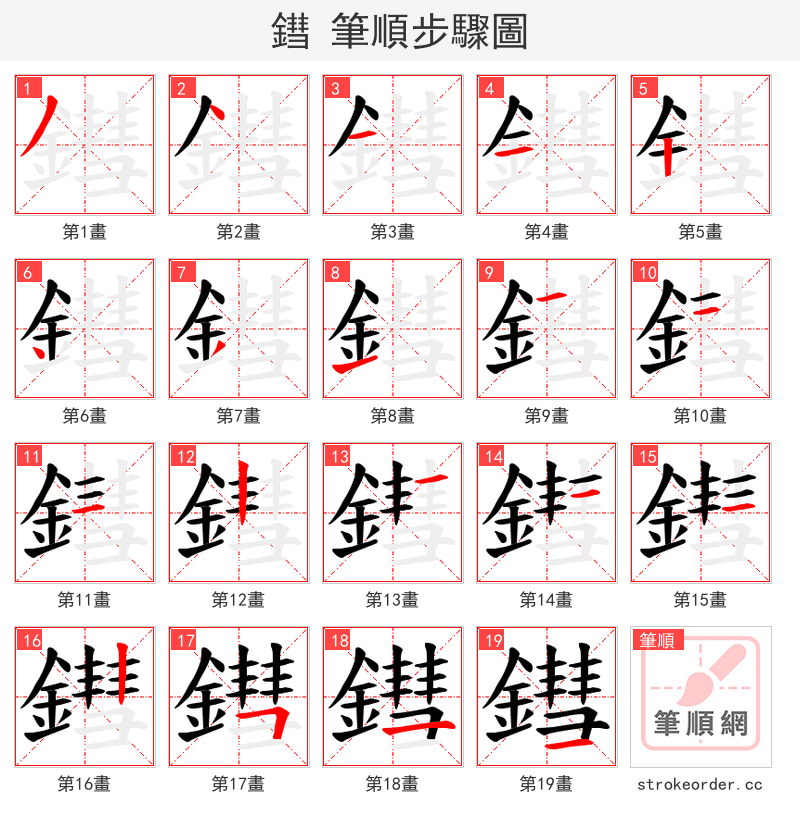 鏏 的笔顺分步演示（一笔一画写字）