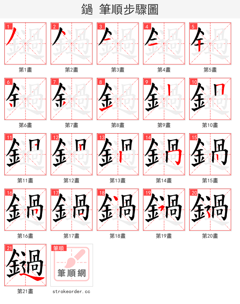 鐹 的笔顺分步演示（一笔一画写字）