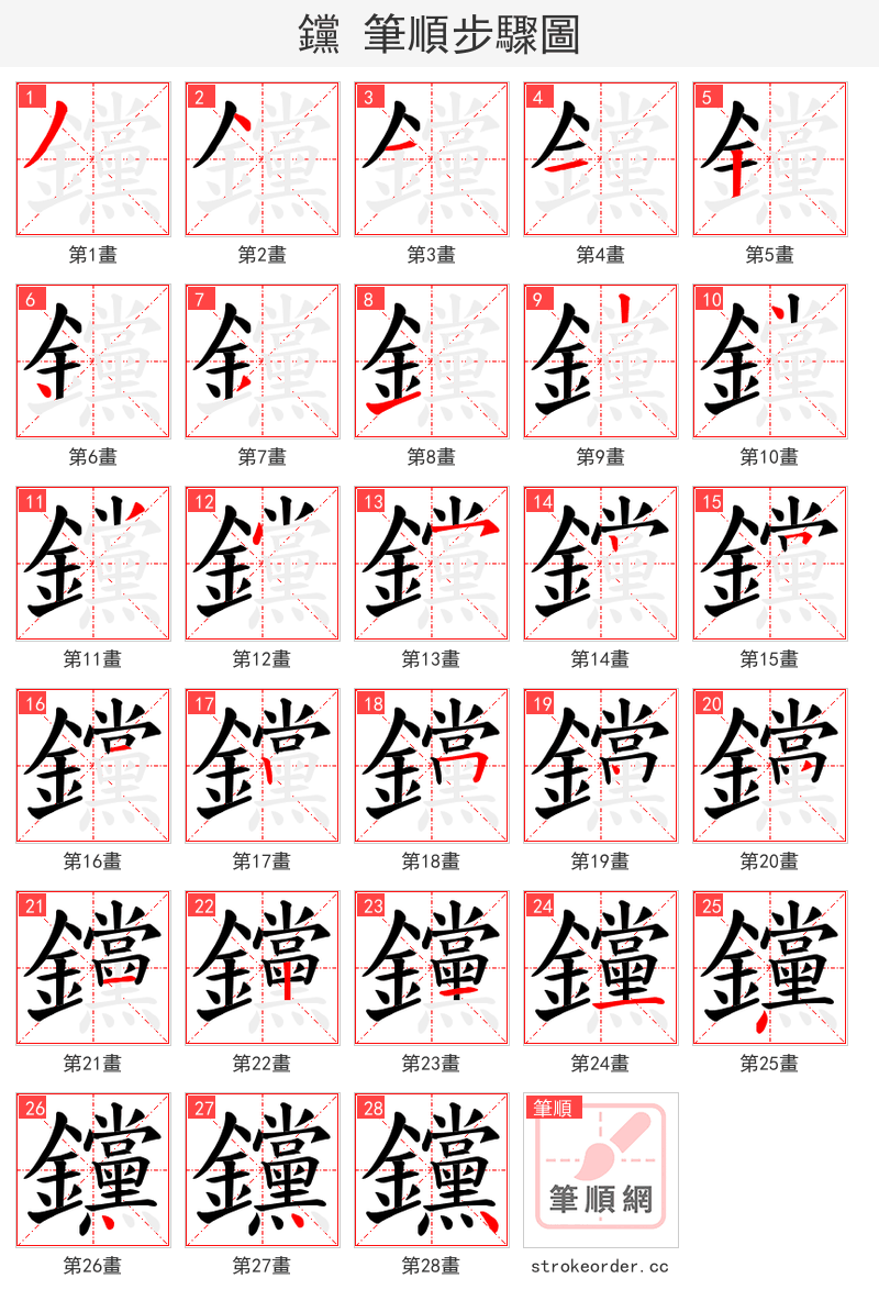 钂 的笔顺分步演示（一笔一画写字）