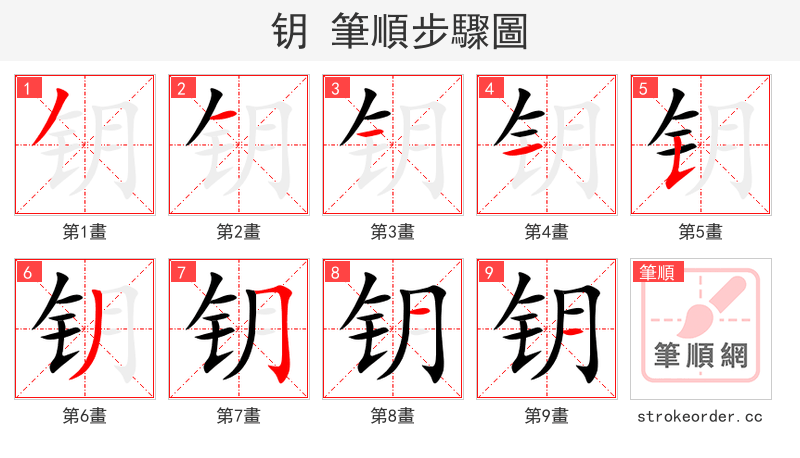 钥 的笔顺分步演示（一笔一画写字）