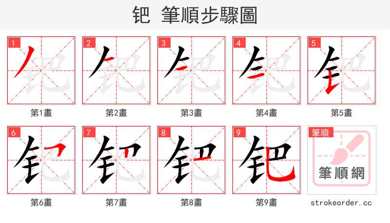 钯 的笔顺分步演示（一笔一画写字）
