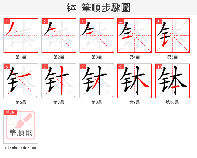 stroke order steps of 钵