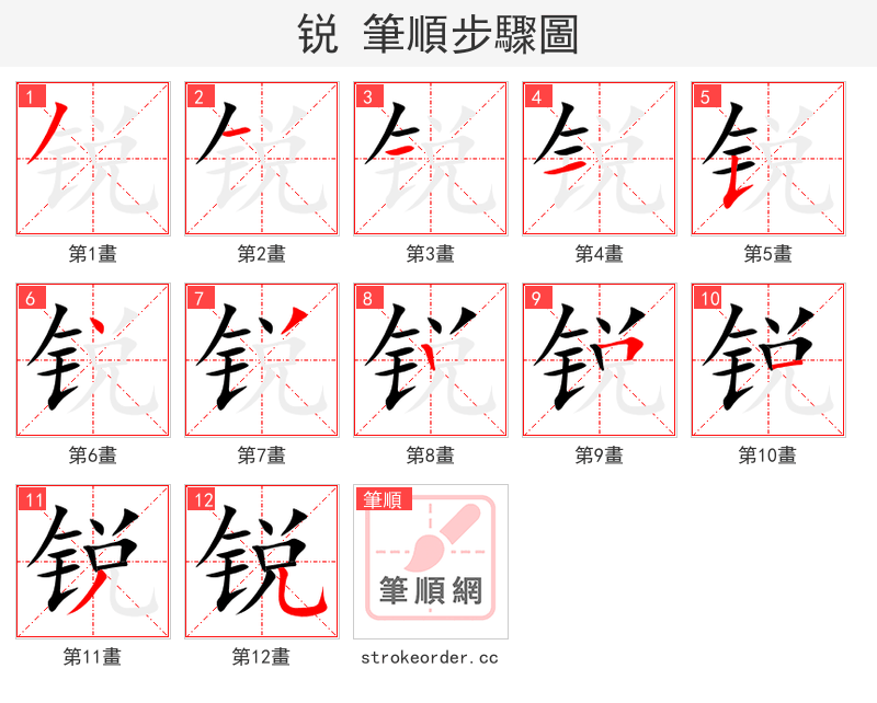 锐 的笔顺分步演示（一笔一画写字）