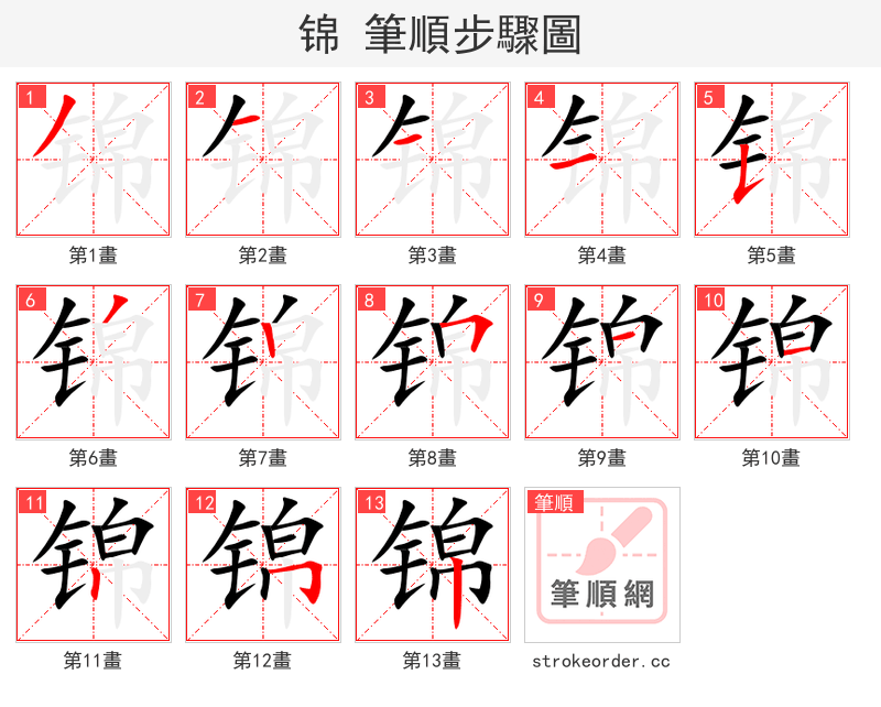 锦 的笔顺分步演示（一笔一画写字）