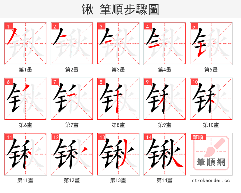 stroke order steps of 锹