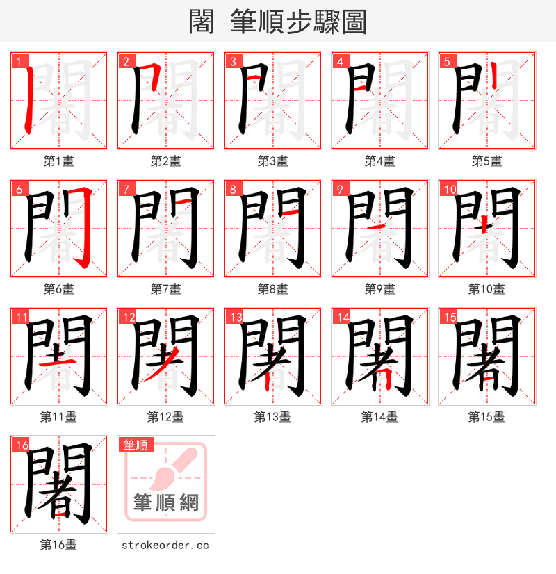 闍 的笔顺分步演示（一笔一画写字）