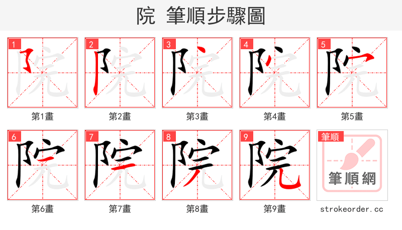院 的笔顺分步演示（一笔一画写字）
