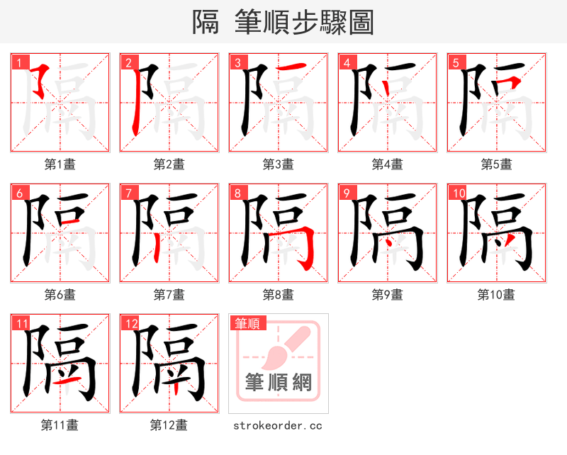stroke order steps of 隔