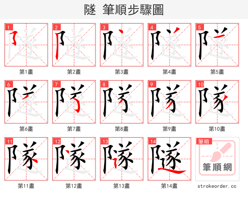 stroke order steps of 隧