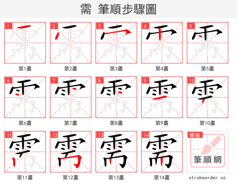 需 的笔顺分步演示（一笔一画写字）
