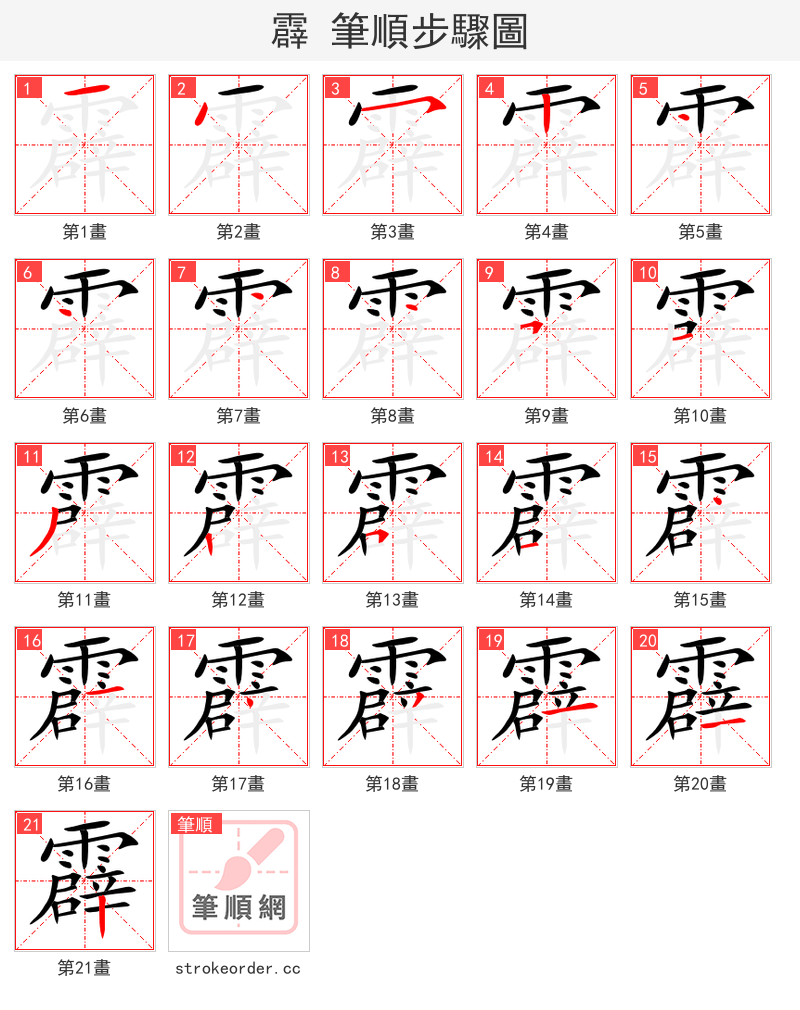 霹 的笔顺分步演示（一笔一画写字）