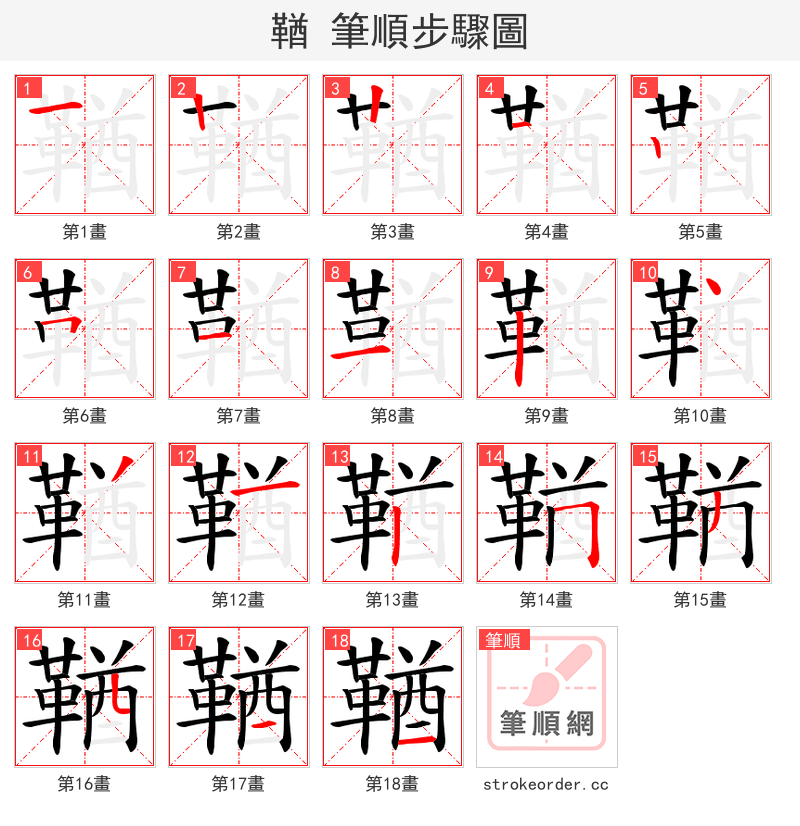 鞧 的笔顺分步演示（一笔一画写字）