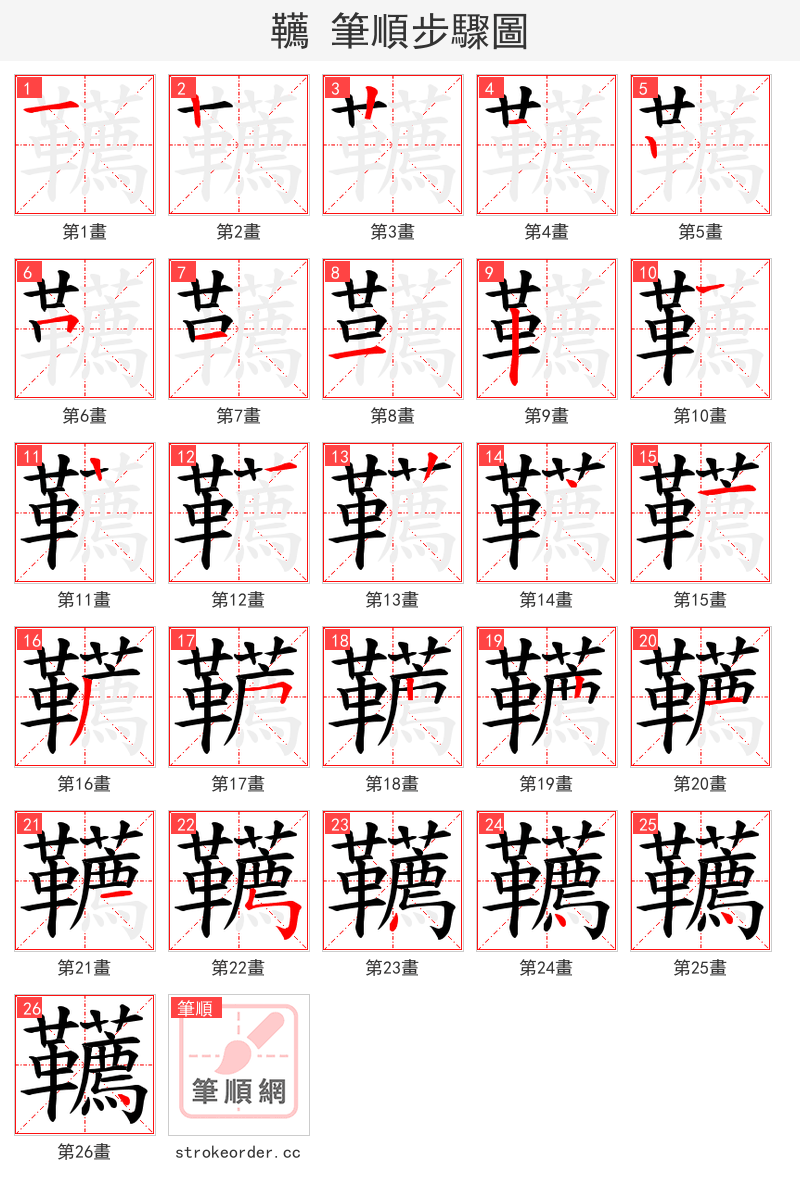 韉 的笔顺分步演示（一笔一画写字）