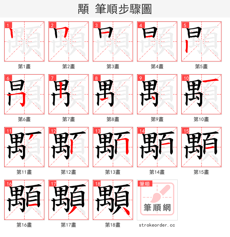 顒 的笔顺分步演示（一笔一画写字）