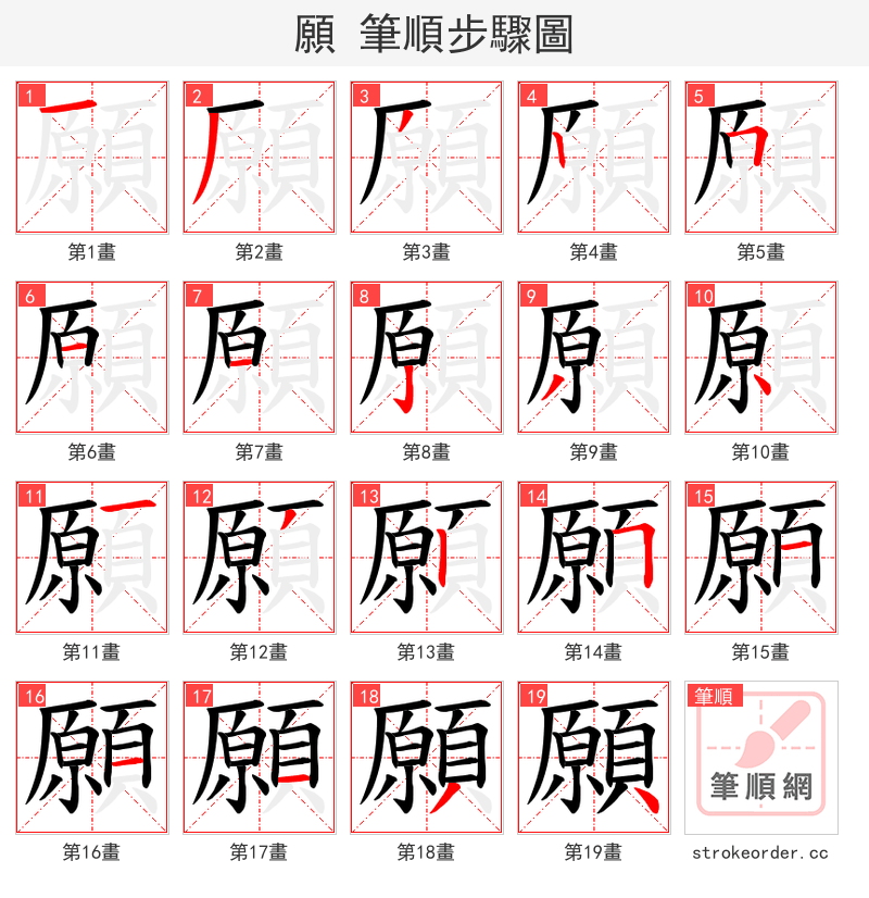 願 的笔顺分步演示（一笔一画写字）
