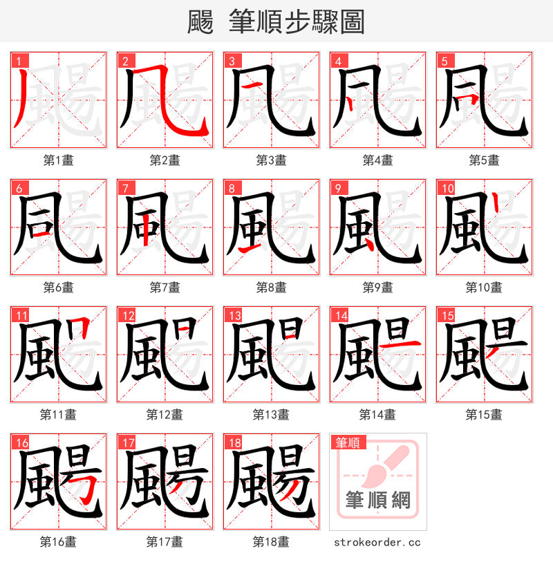 颺 的笔顺分步演示（一笔一画写字）