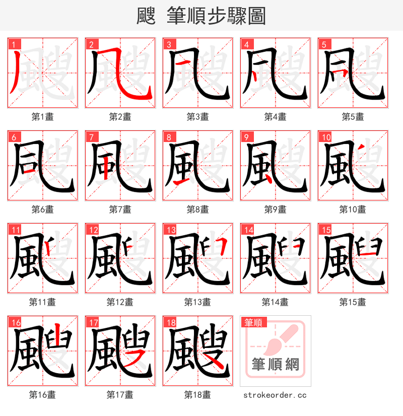 颼 的笔顺分步演示（一笔一画写字）