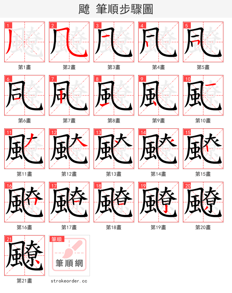 飉 的笔顺分步演示（一笔一画写字）