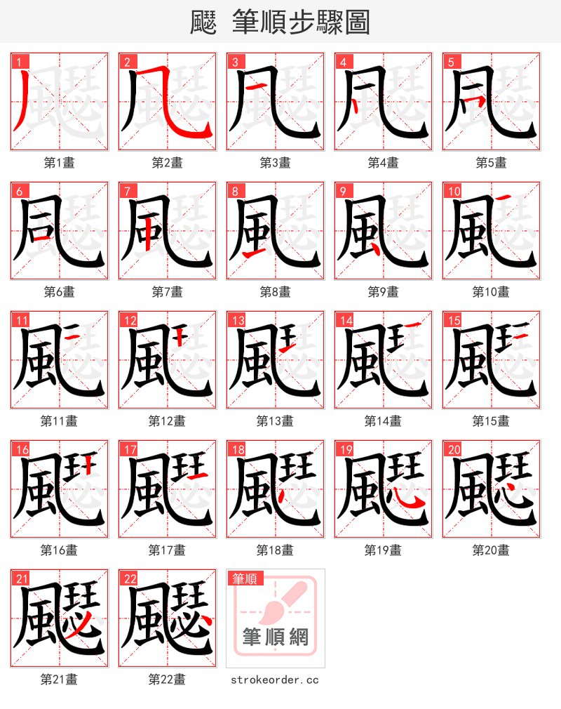 飋 的笔顺分步演示（一笔一画写字）