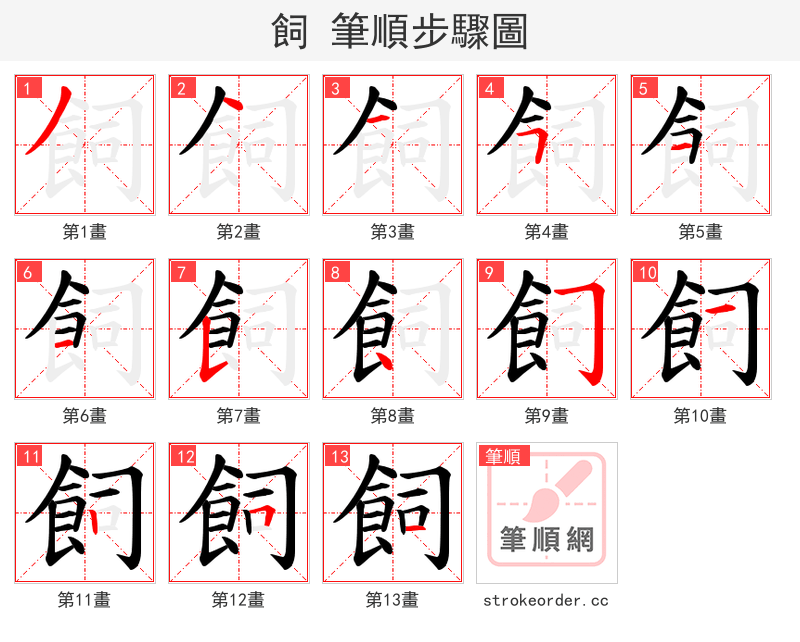 飼 的笔顺分步演示（一笔一画写字）