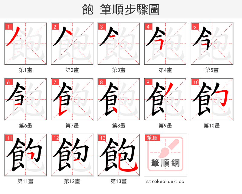 飽 的笔顺分步演示（一笔一画写字）