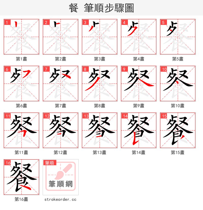 餐 的笔顺分步演示（一笔一画写字）