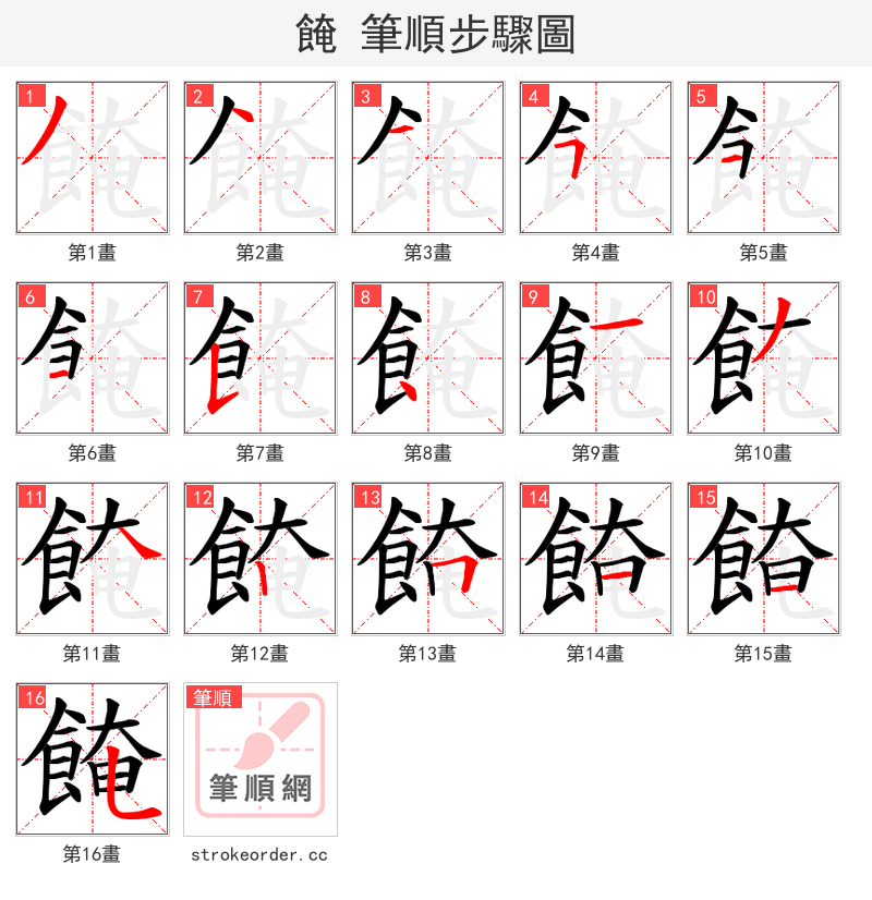 餣 的笔顺分步演示（一笔一画写字）