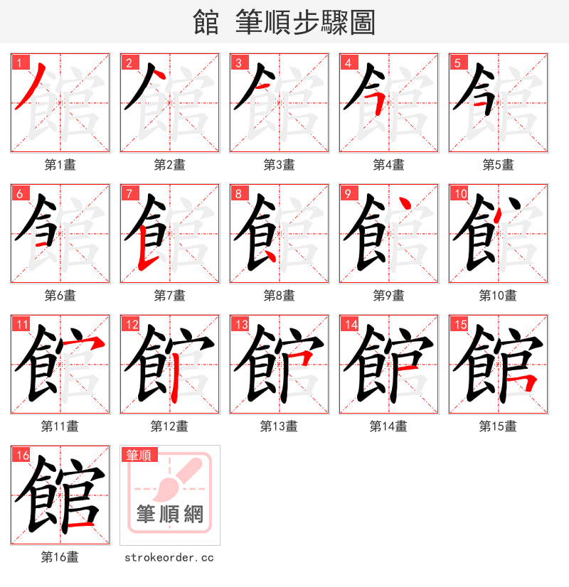 館 的笔顺分步演示（一笔一画写字）