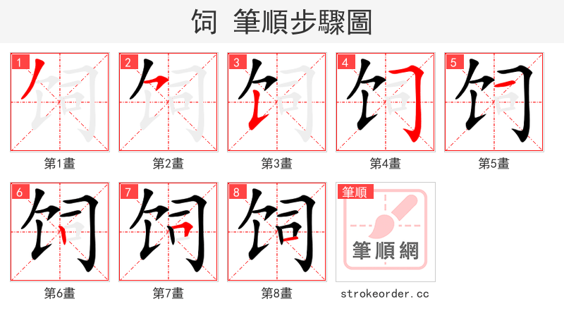 饲 的笔顺分步演示（一笔一画写字）