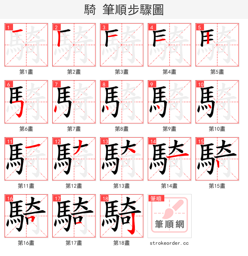 騎 的笔顺分步演示（一笔一画写字）