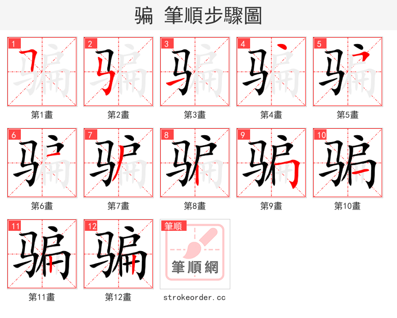 骗 的笔顺分步演示（一笔一画写字）