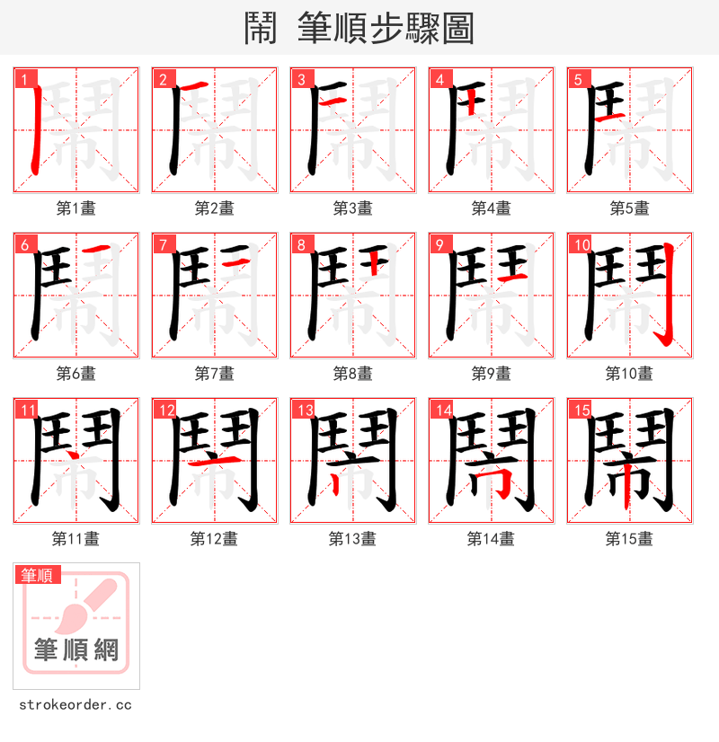 鬧 的笔顺分步演示（一笔一画写字）