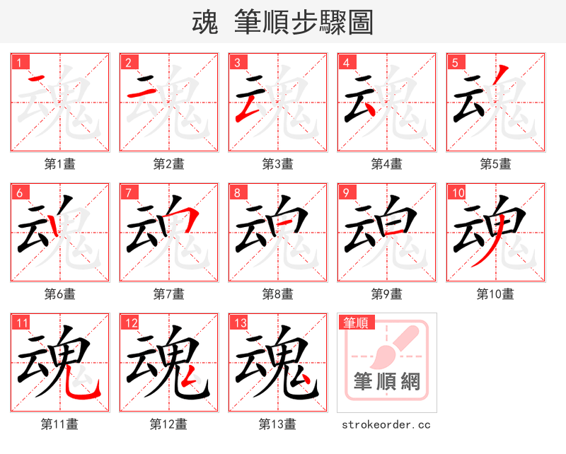 魂 的笔顺分步演示（一笔一画写字）