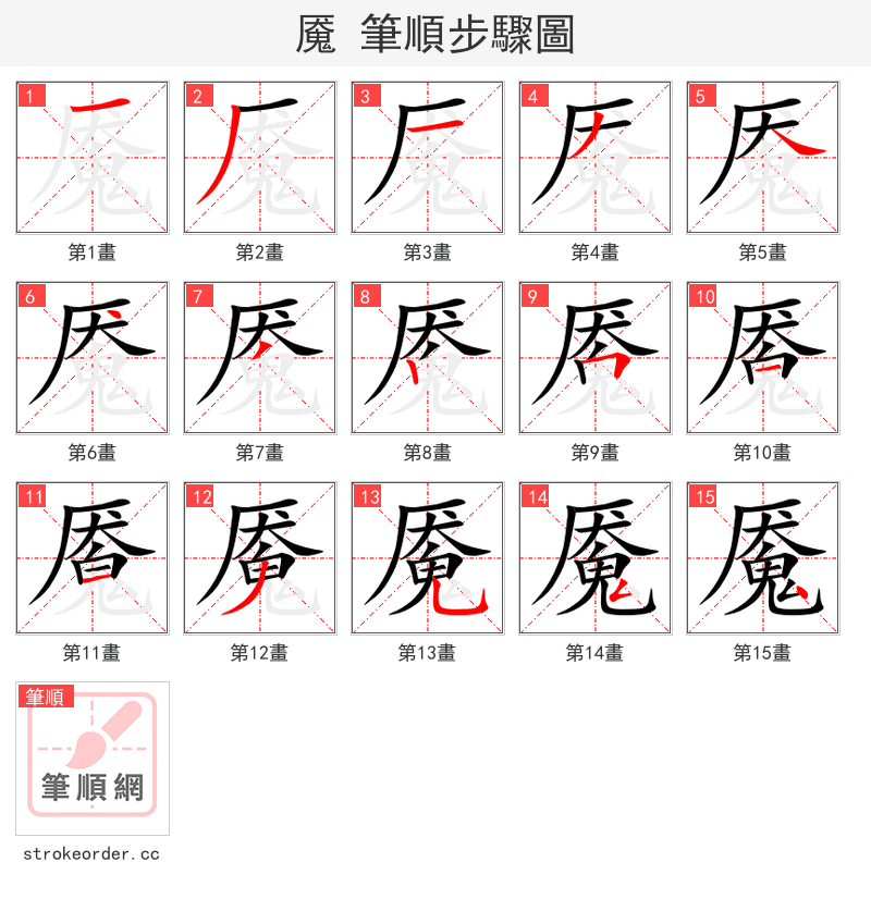 魇 的笔顺分步演示（一笔一画写字）