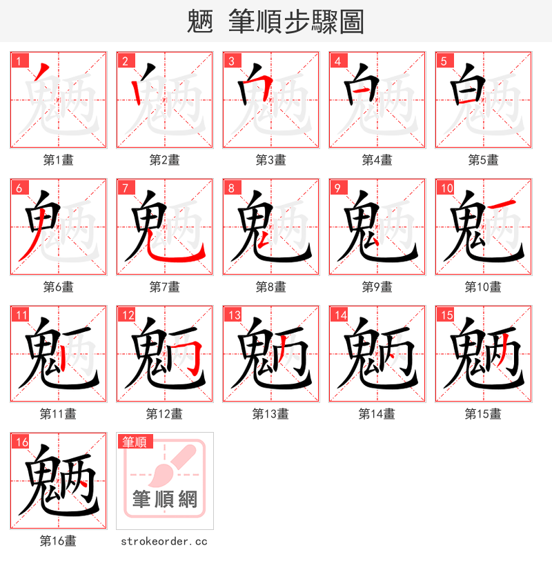 魉 的笔顺分步演示（一笔一画写字）