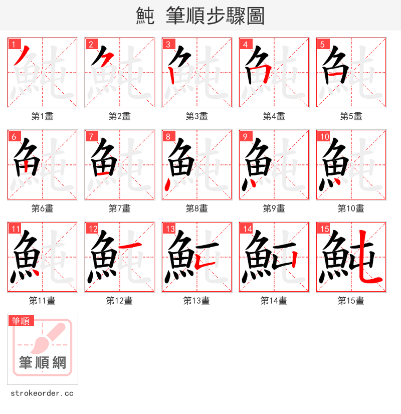魨 的笔顺分步演示（一笔一画写字）