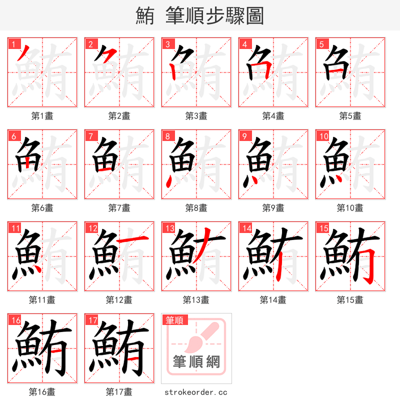 鮪 的笔顺分步演示（一笔一画写字）