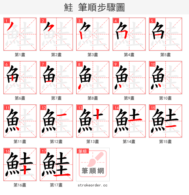 鮭 的笔顺分步演示（一笔一画写字）