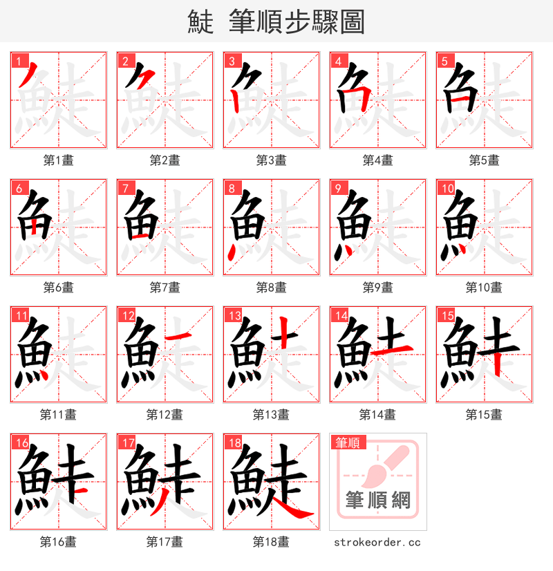鯐 的笔顺分步演示（一笔一画写字）