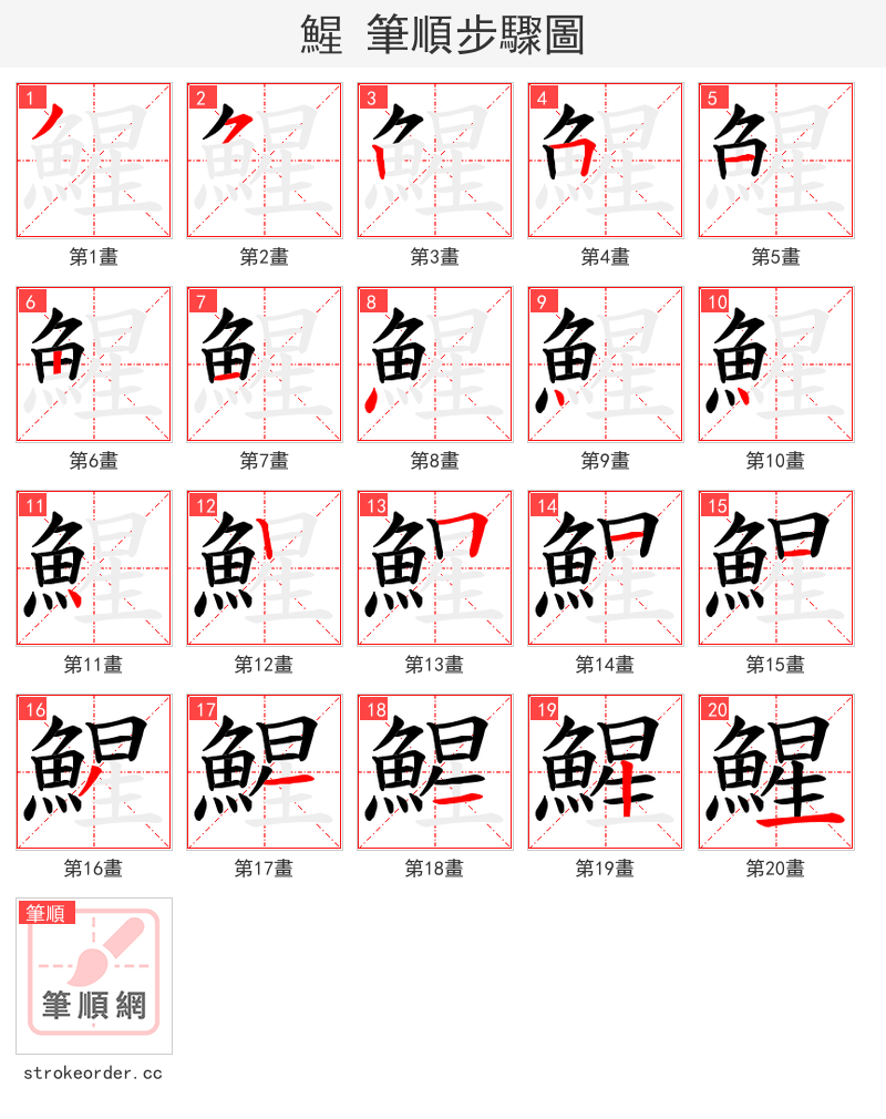 鯹 的笔顺分步演示（一笔一画写字）