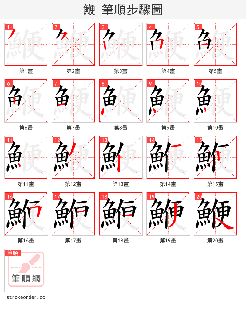 鯾 的笔顺分步演示（一笔一画写字）