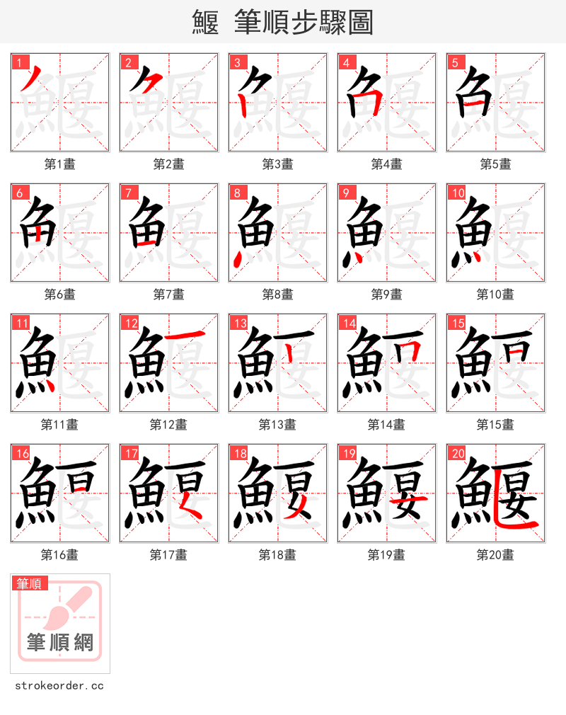 鰋 的笔顺分步演示（一笔一画写字）