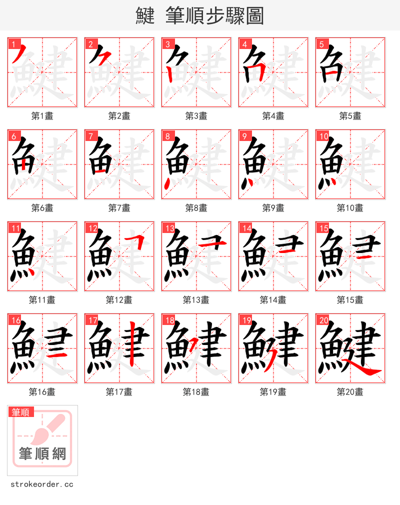 鰎 的笔顺分步演示（一笔一画写字）