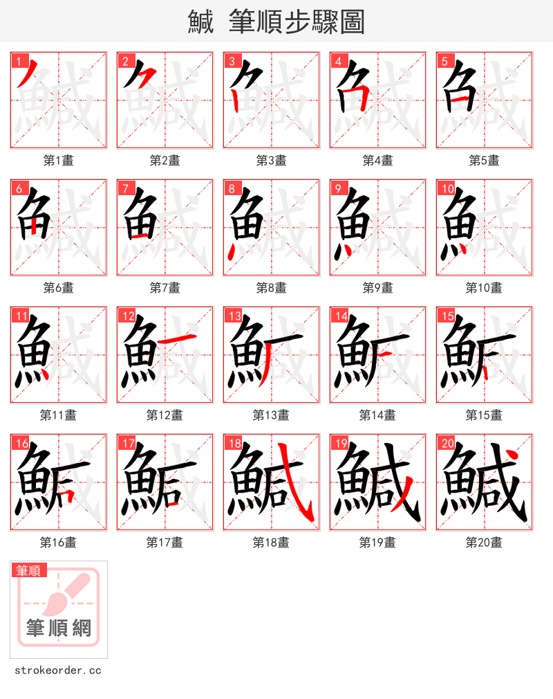 鰔 的笔顺分步演示（一笔一画写字）