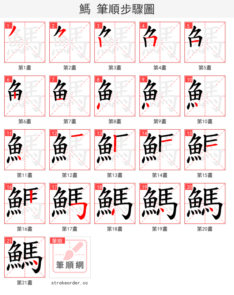 鰢 的笔顺分步演示（一笔一画写字）