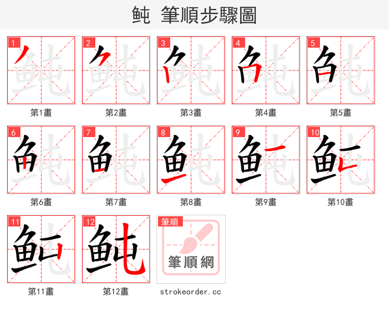 鲀 的笔顺分步演示（一笔一画写字）