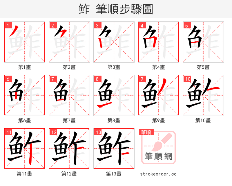 鲊 的笔顺分步演示（一笔一画写字）